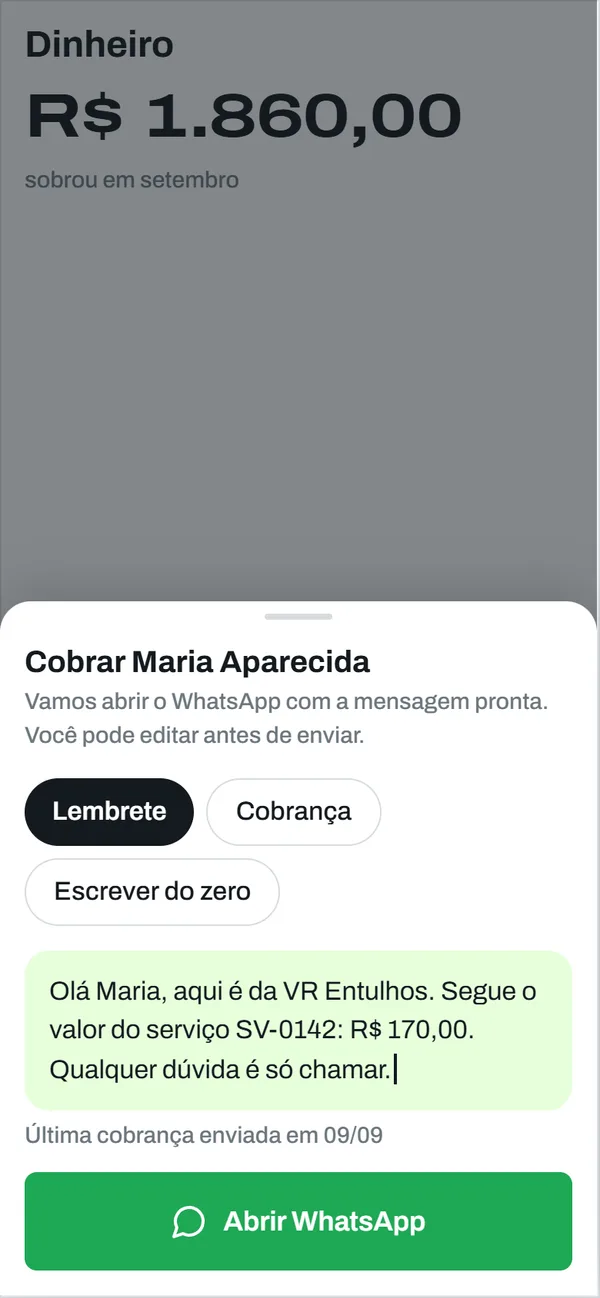 Tela de cobrança com a mensagem pronta para enviar pelo WhatsApp