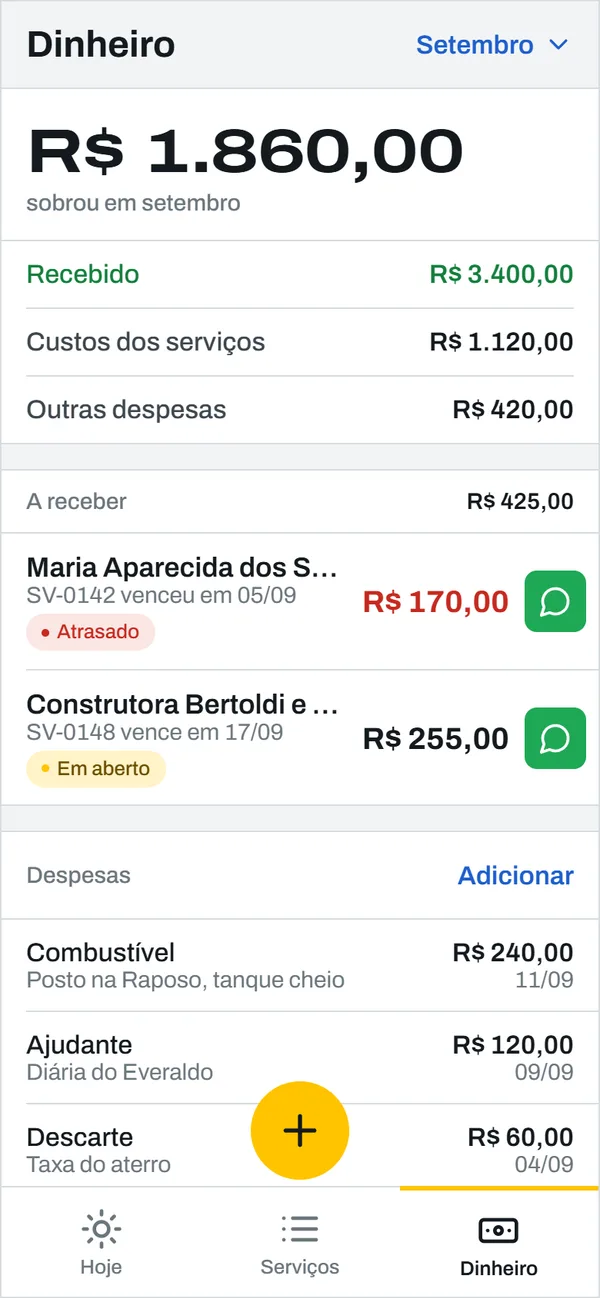 Tela Dinheiro com quanto sobrou no mês