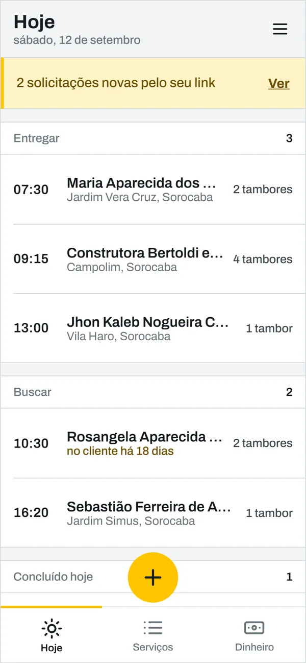Tela Hoje com as entregas e retiradas do dia