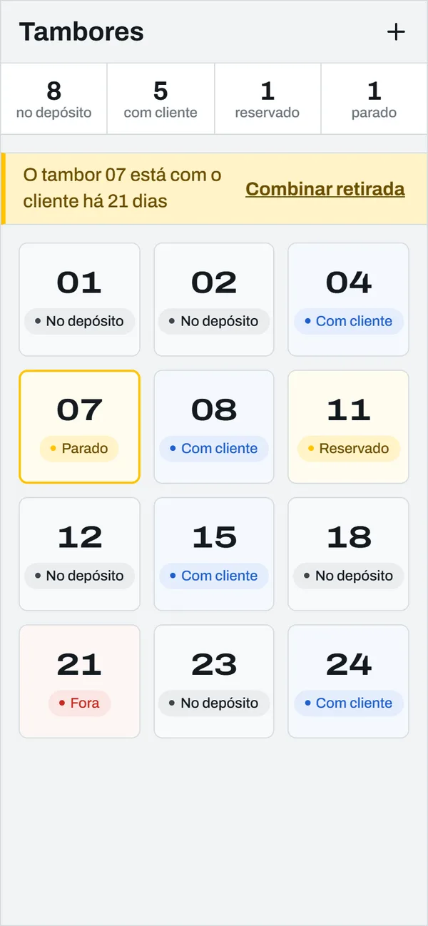 Tela Tambores mostrando onde está cada tambor